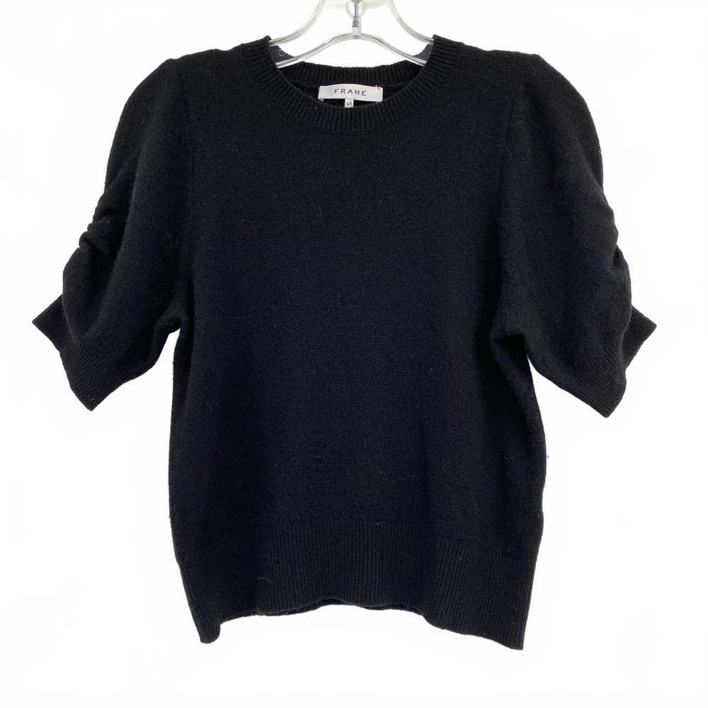 Frame Black Cashmere Ruched Short Sleeve Sweater | Women’s Size S